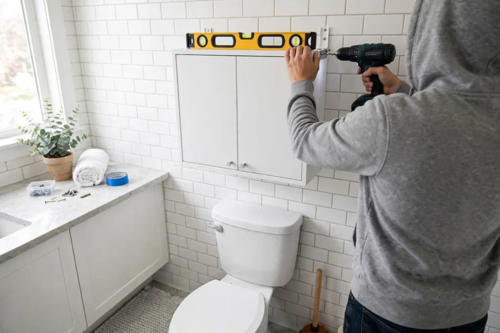 Installing a wall-mounted bathroom storage cabinet with a drill above the toilet