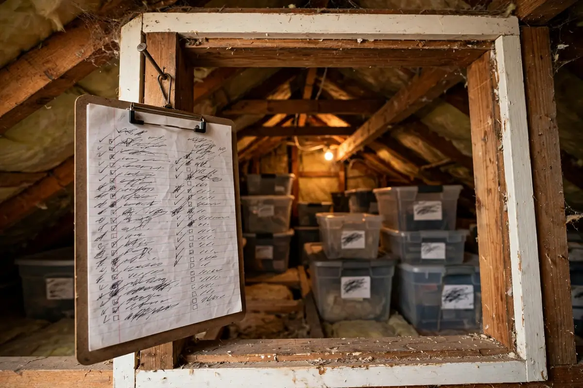 Handwritten attic inventory checklist hanging inside the attic access hatch.