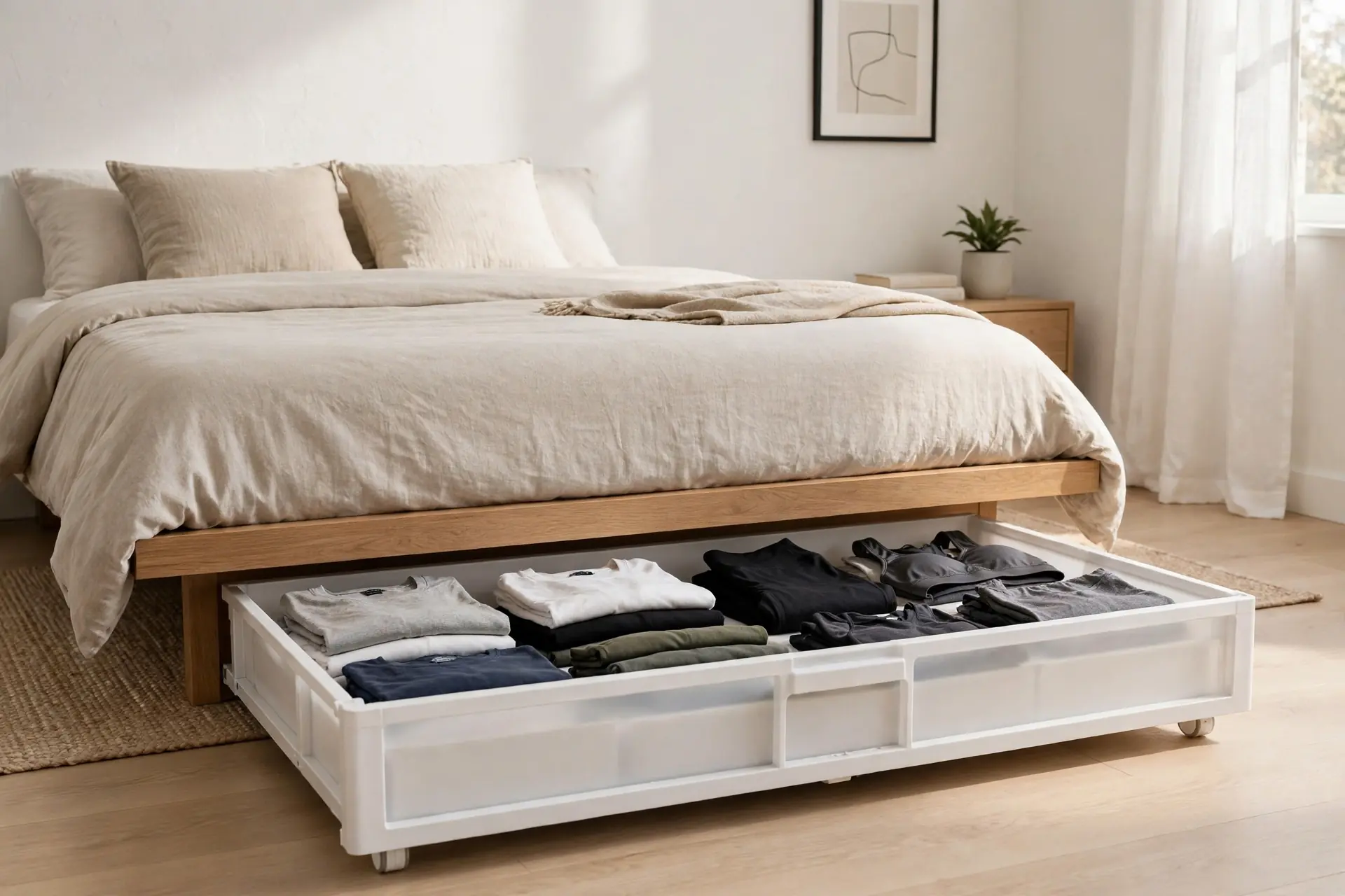 A white hard plastic under-bed drawer pulled out from under a low bed