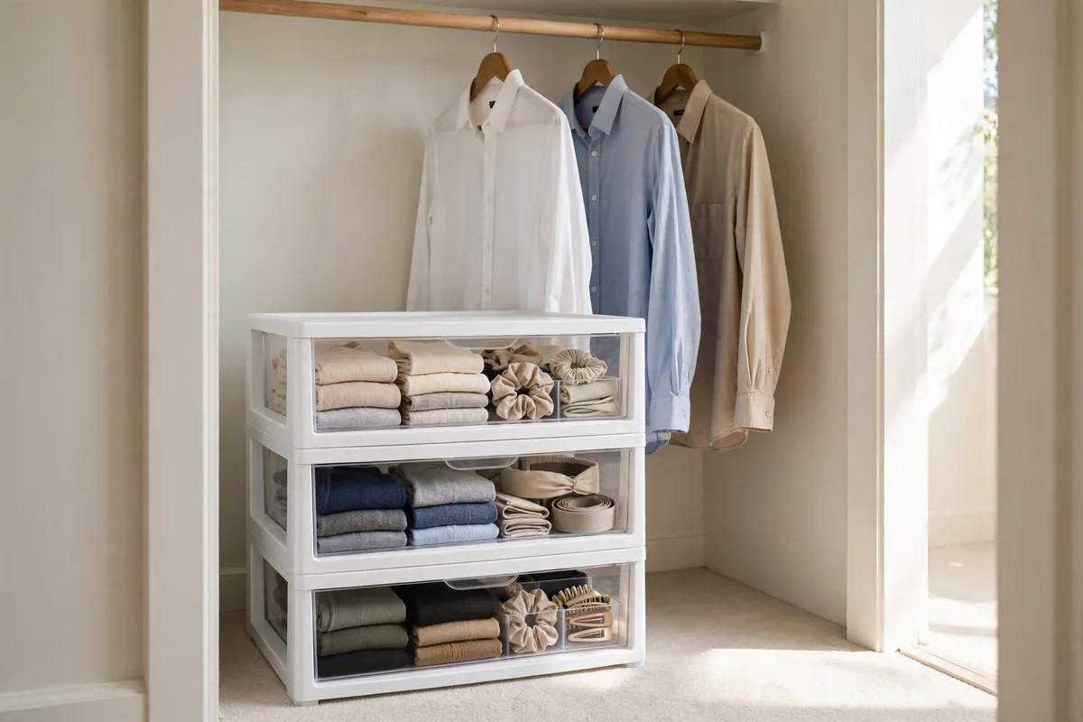 White stackable drawers with clear fronts under hanging clothes in a small closet.