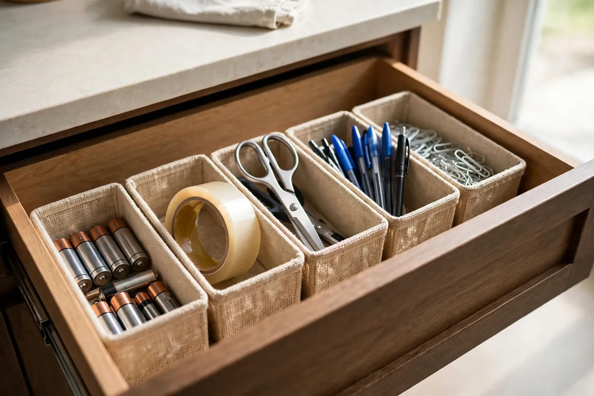 Junk drawer divided into bins for batteries, tape, tools, and clips