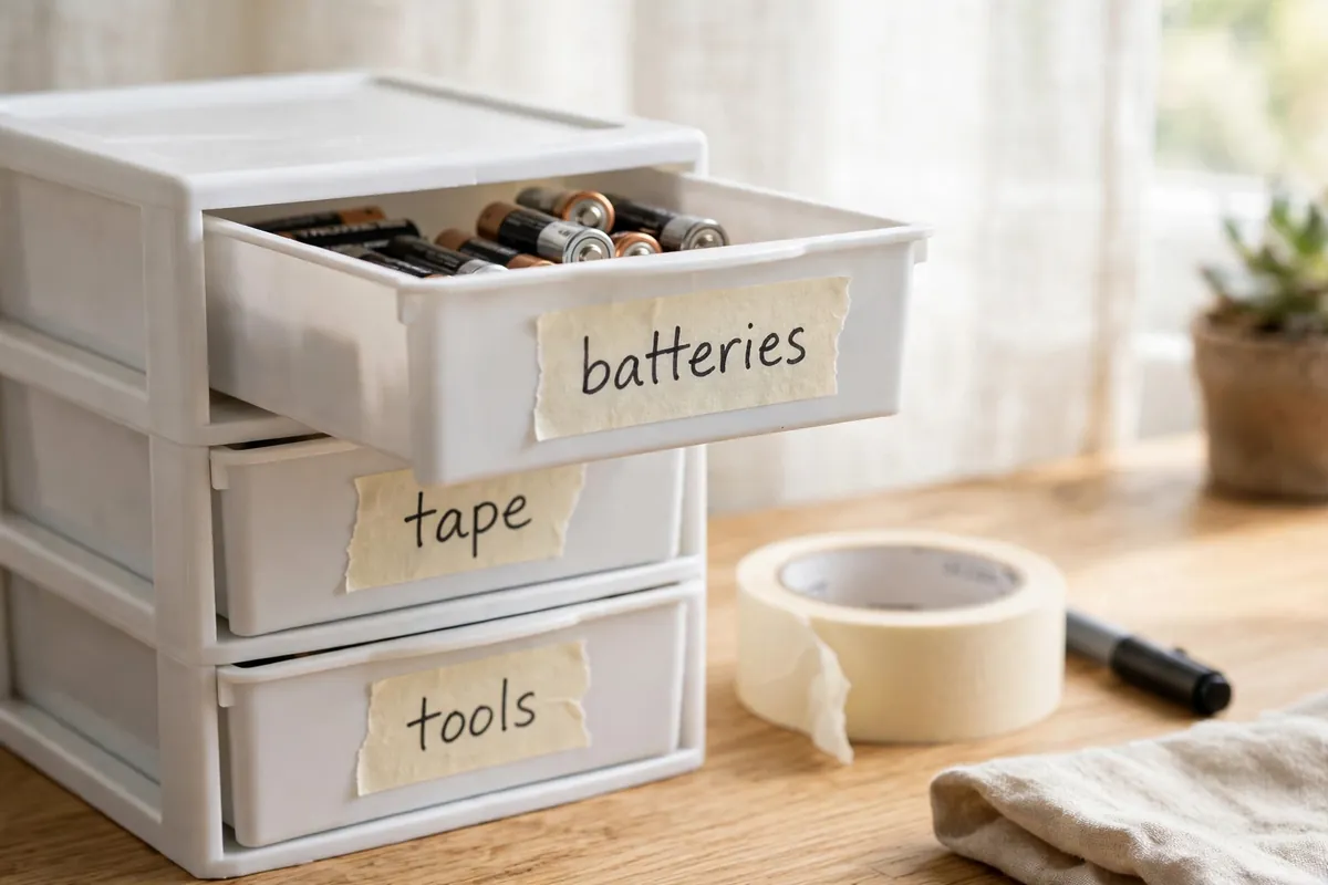 Masking tape labels on small drawer containers reading simple category words
