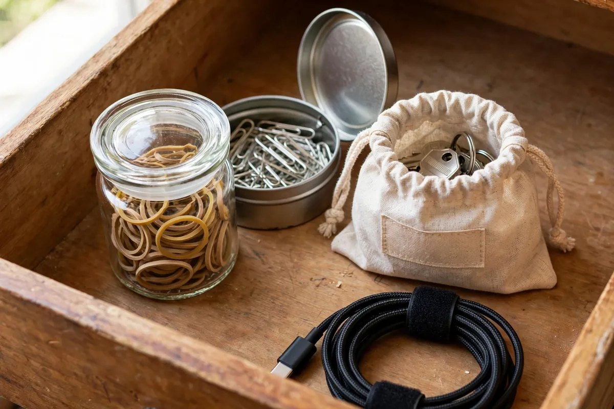 Small jars and tins inside a drawer holding rubber bands, screws, and spare keys