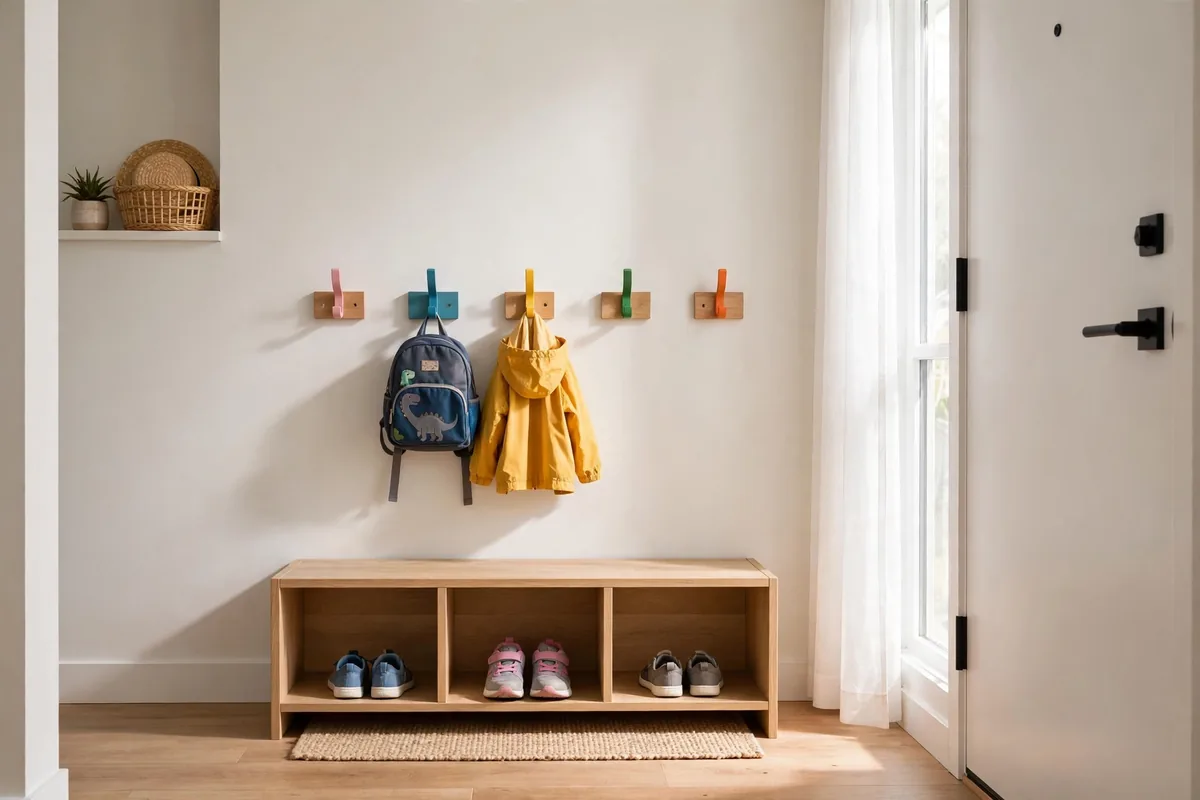 Low wall hooks at kid height holding a small backpack and jacket