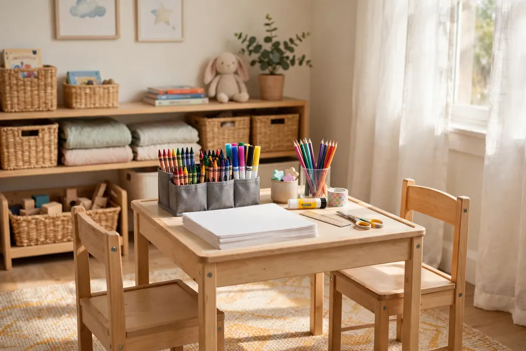 Small kids table with chairs and organized art supplies