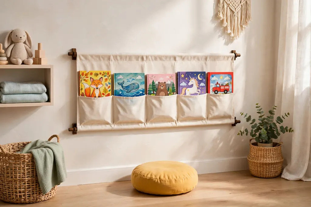Canvas book sling on a wall holding picture books covers-out