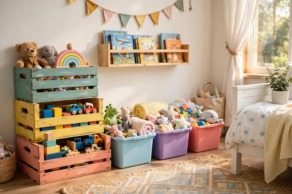 Thrifted crates and budget bins repurposed as colorful toy storage