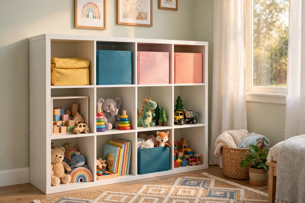 White cube organizer shelf with colorful fabric bins in a kids bedroom