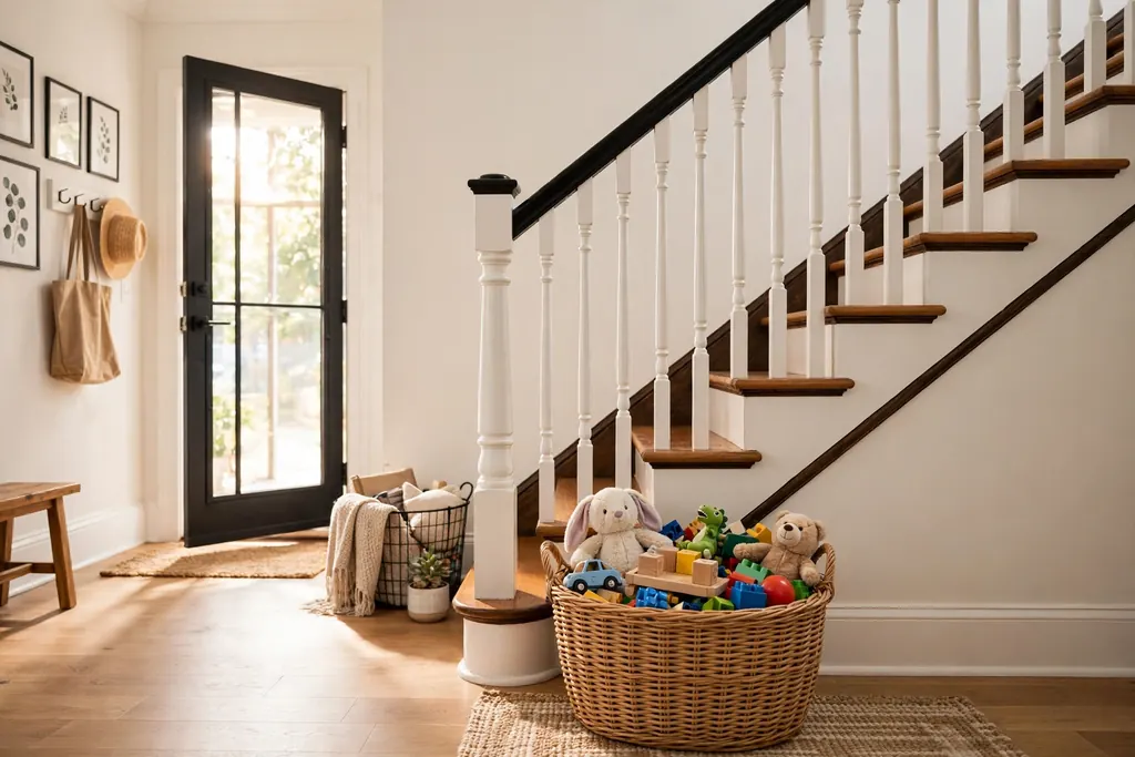 Large woven basket at the bottom of stairs catching stray toys