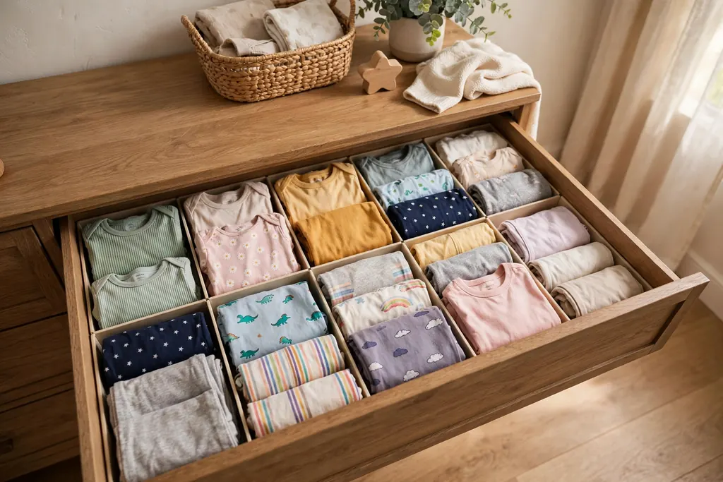 Dresser drawer with kids clothes file-folded upright in rows
