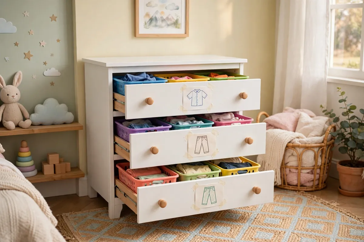 Kid's dresser drawer with picture labels and slotted bins for easy sorting