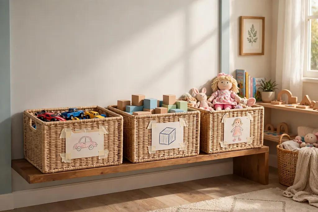 Open toy bins on a low shelf with picture labels for toddlers