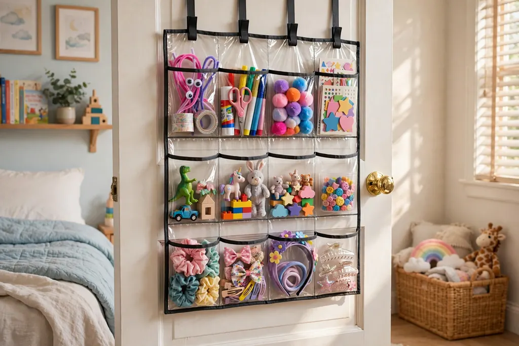 Clear pocket organizer on a bedroom door holding craft supplies and small toys