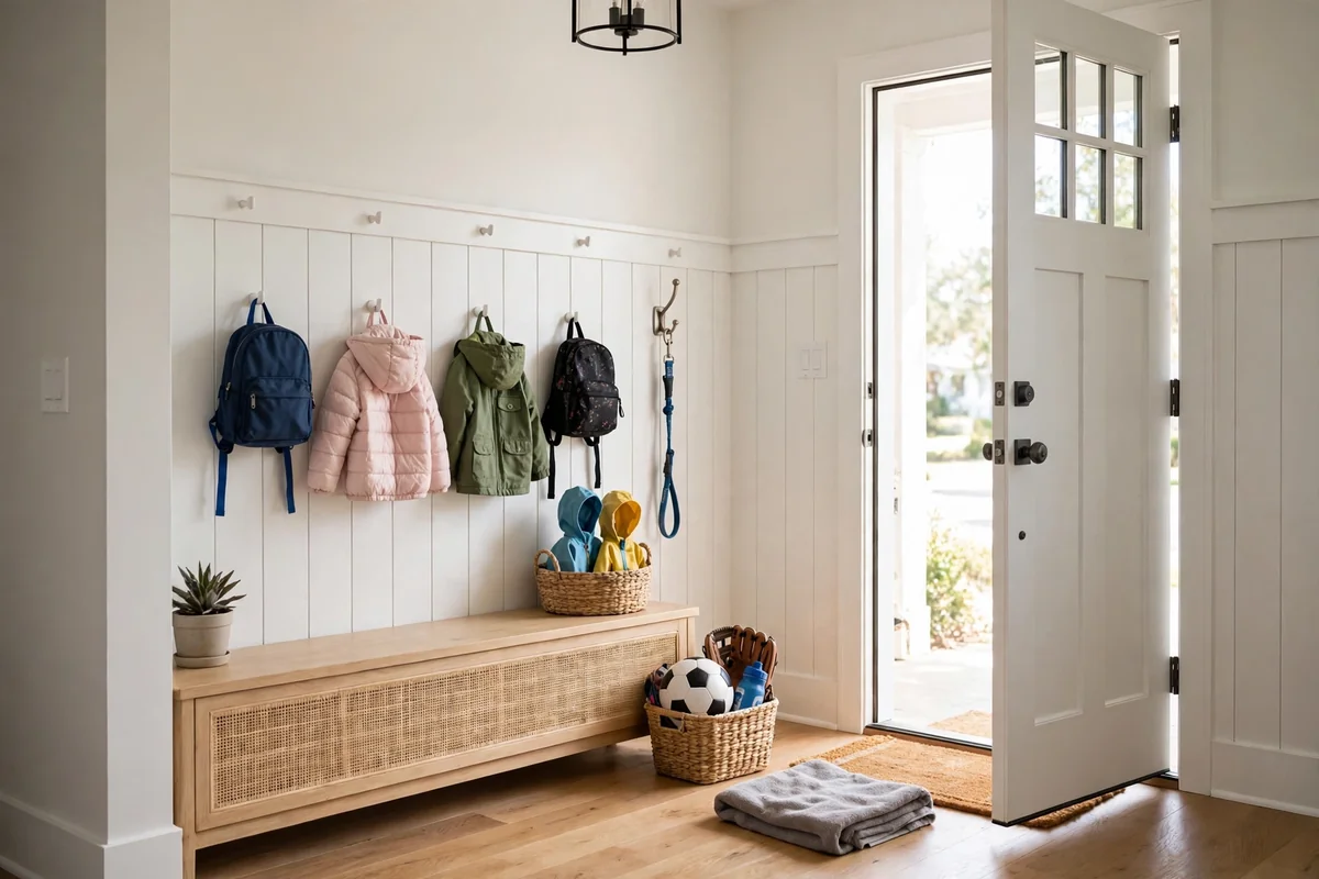 Family entryway with low hooks for kids, a leash hook, and a basket for sports gear