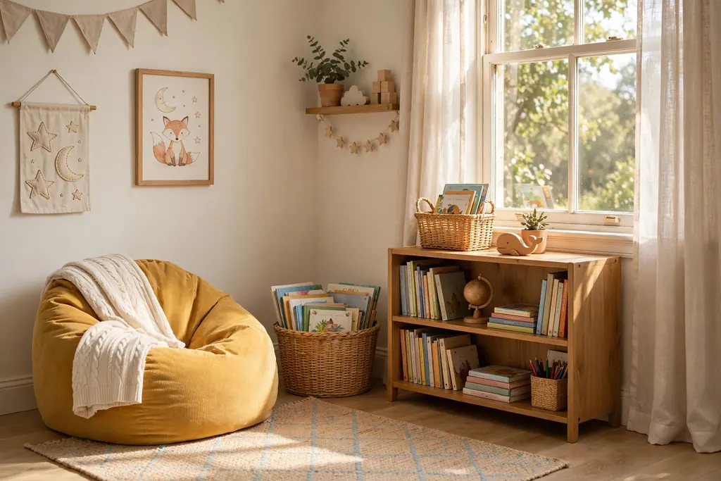 Cozy reading nook with beanbag and woven basket of books by a window
