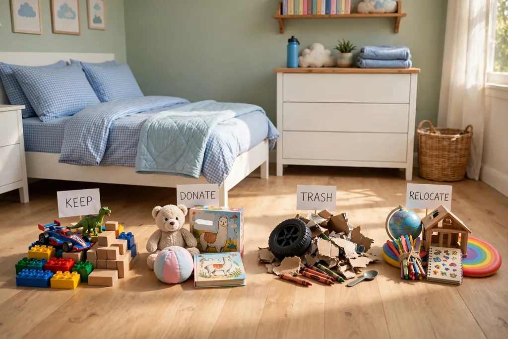 Four sorted piles of kids toys labeled keep, donate, trash, and relocate on a bedroom floor