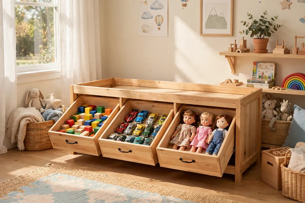 Wooden storage frame with shallow bins holding one toy category each in a kids room