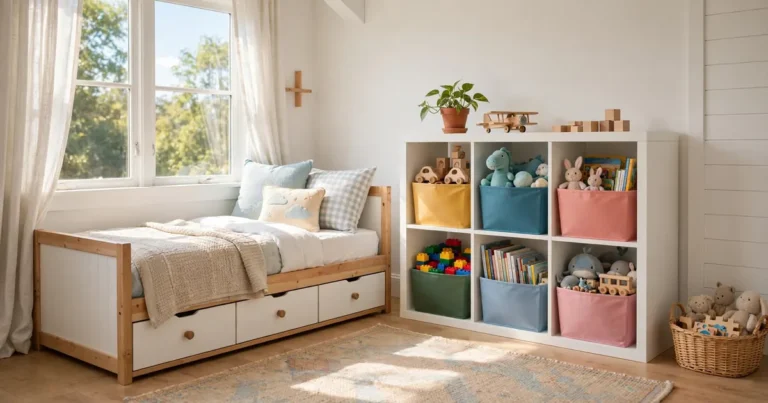 Organized kids bedroom with cube storage, toy bins, and reading nook