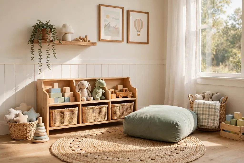 Kids room storage ideas: play zone with round rug, low toy shelf, and floor cushion