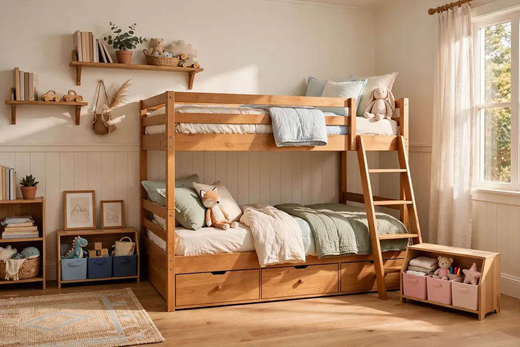 Shared kids bedroom with bunk bed, under-bed drawers, and color-coded bins for each child