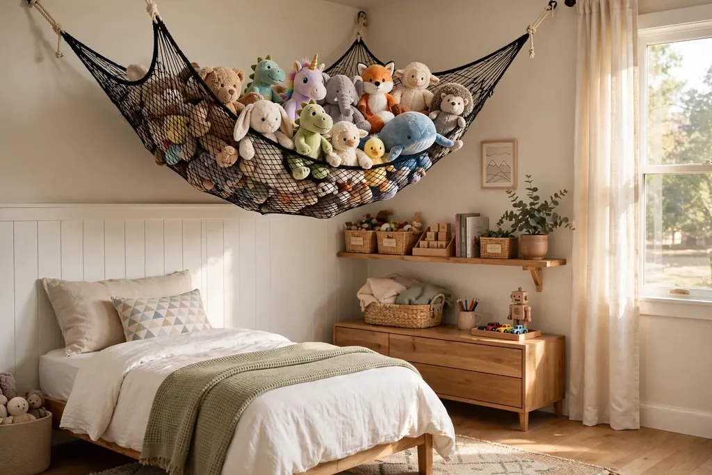 Corner mesh hammock holding stuffed animals on a kids bedroom wall