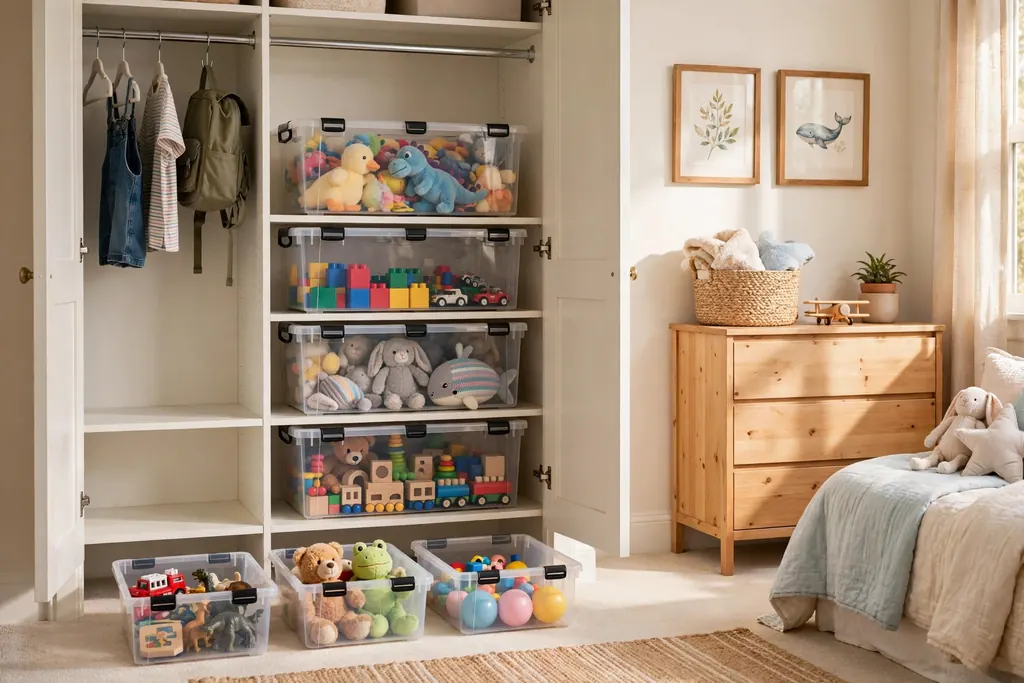 Labeled clear bins of rotated toys stacked inside a kids closet