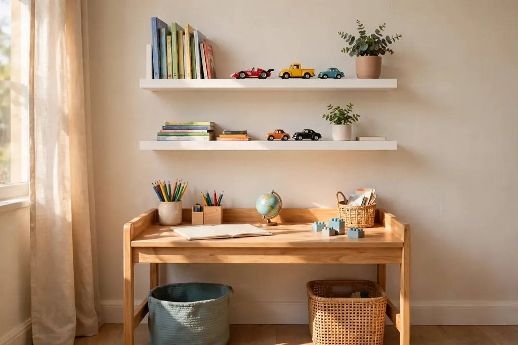 White floating shelves with books and small toys above a kids desk