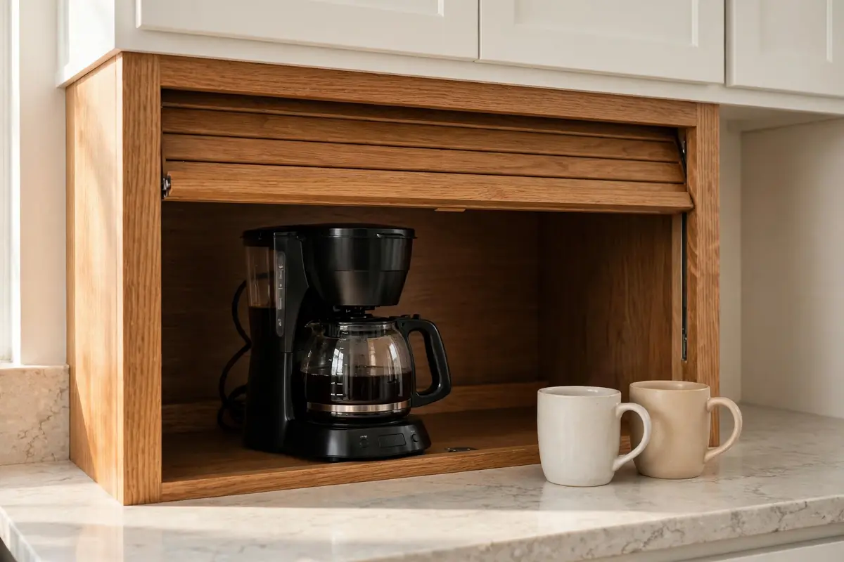 Kitchen appliance garage with coffee maker tucked inside, doors open