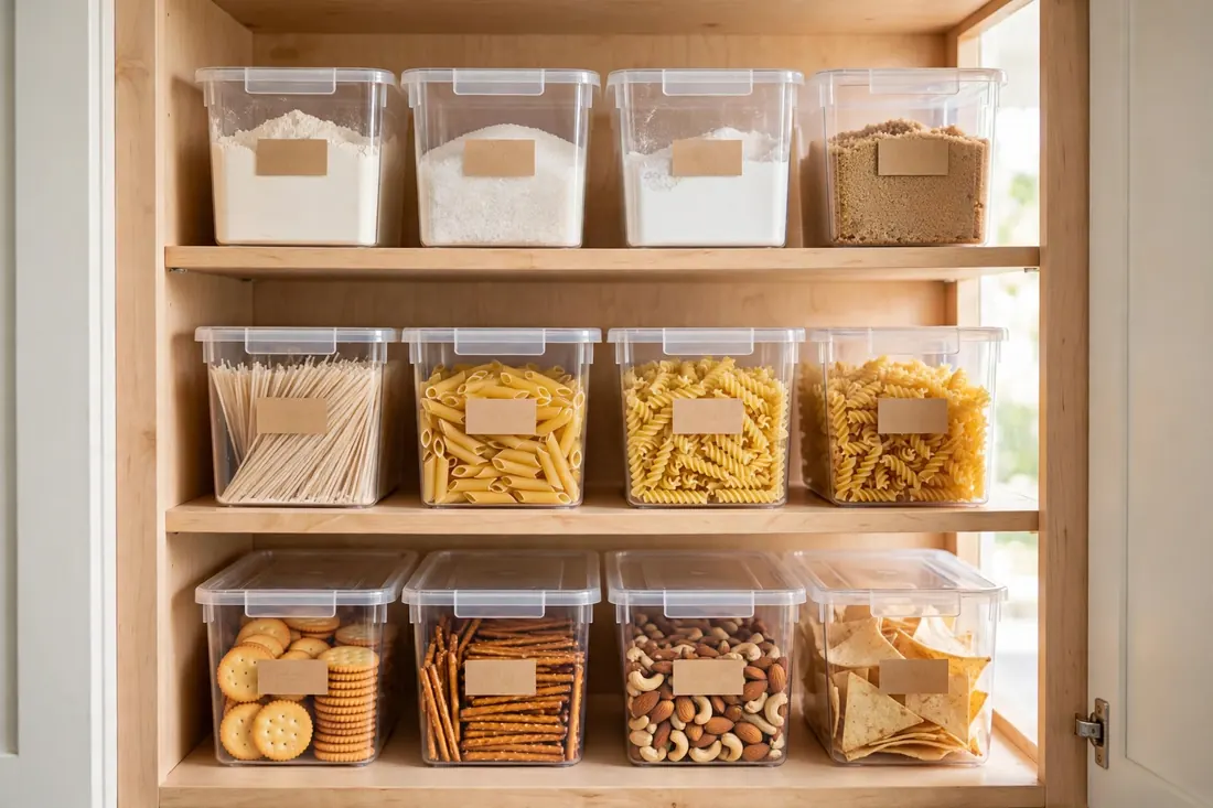 Clear labeled bins organizing snacks and dry goods inside a pantry cabinet