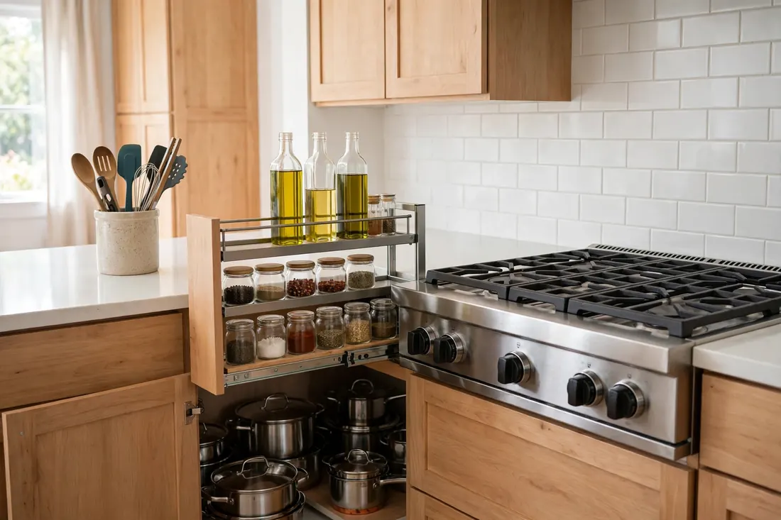 Kitchen cabinets near the stove set up as a cooking zone with oils and pots