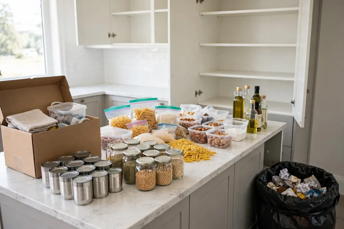 Kitchen items emptied from cabinets being sorted into keep, donate and toss groups