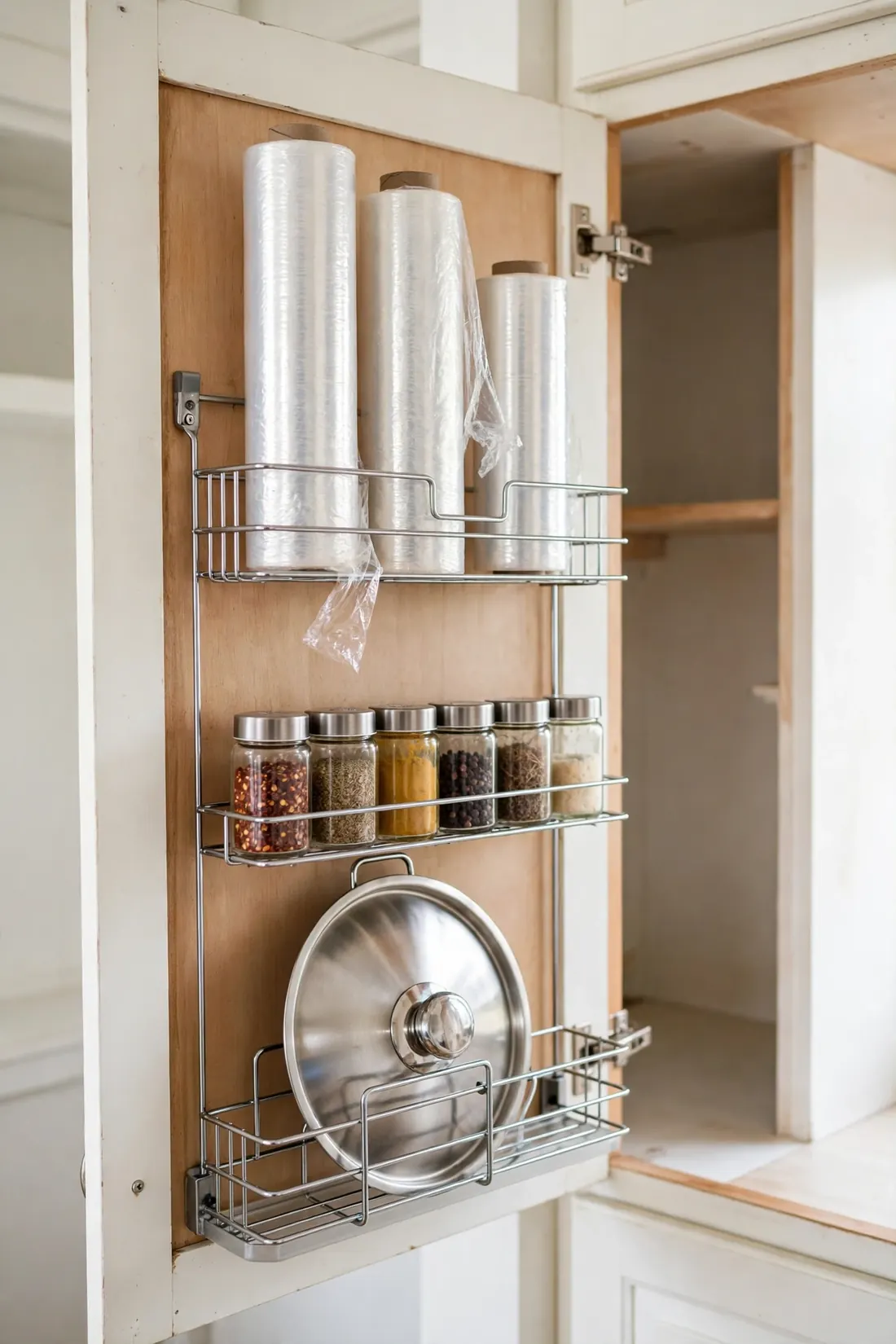 Slim rack mounted inside a cabinet door holding pot lids and small jars