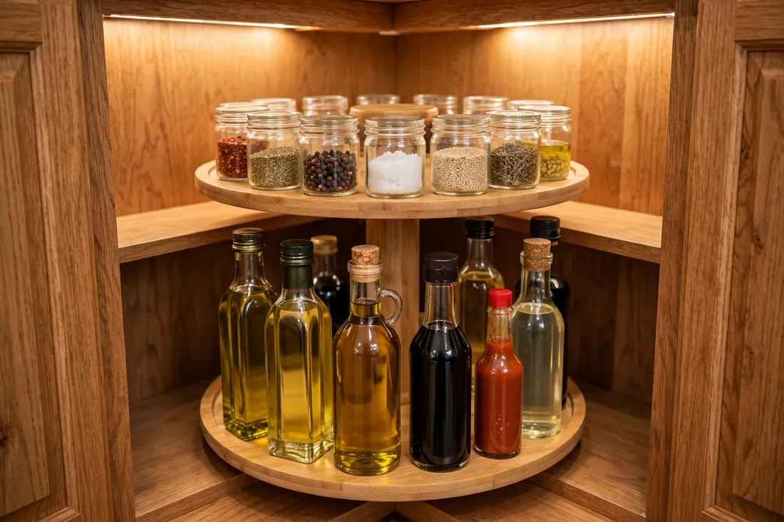 Two-tier lazy Susan turntable with cooking oils and condiments inside a corner cabinet