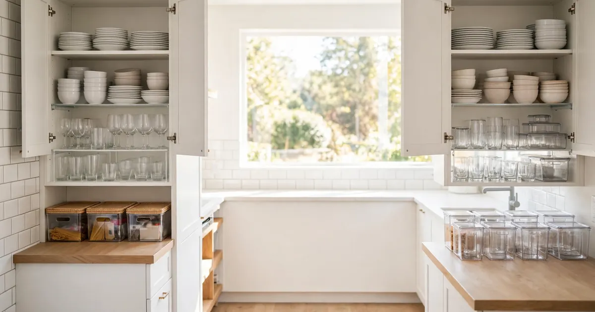 Open kitchen cabinets organized with dishes, bowls, glassware and labeled bins
