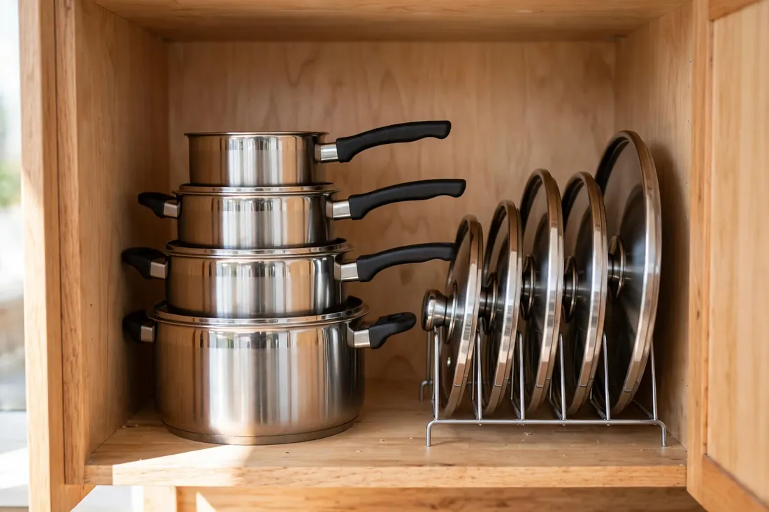 Pots nested neatly with lids stored upright in a rack inside a kitchen cabinet