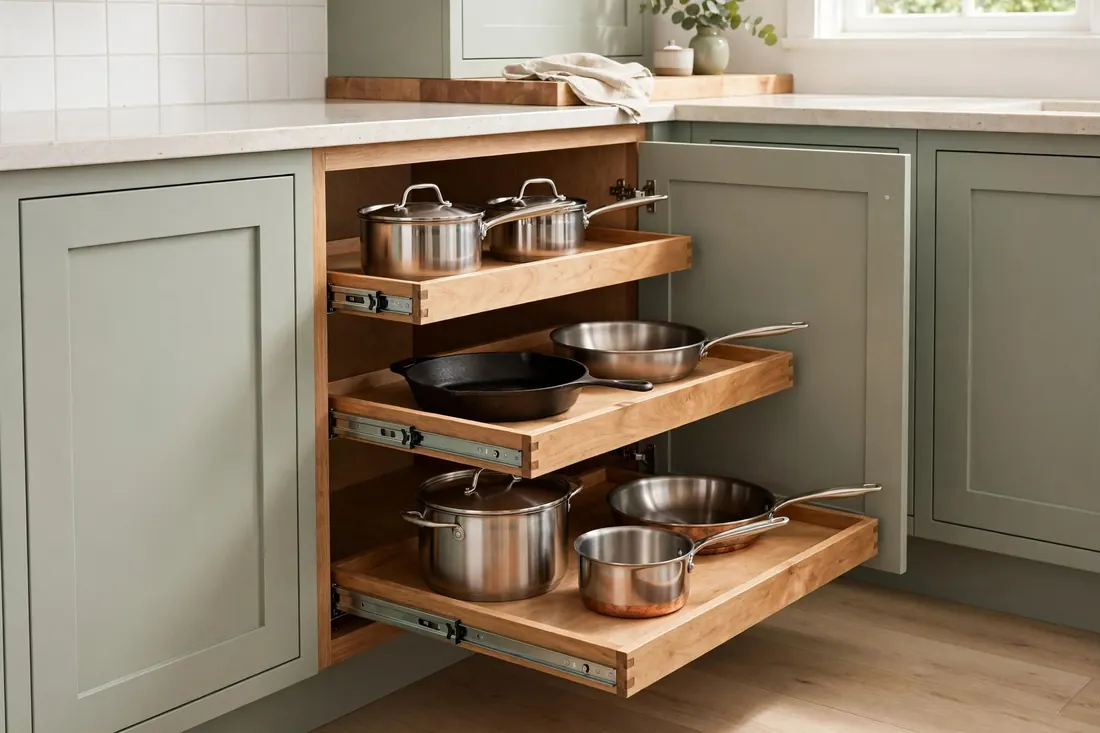 Deep lower kitchen cabinet with pull-out sliding shelves holding pots and pans