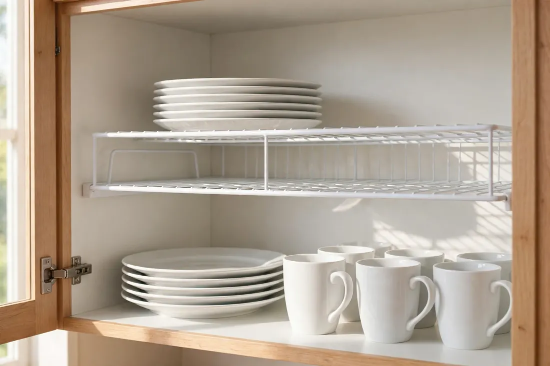 Shelf risers doubling storage space for plates and mugs inside a kitchen cabinet