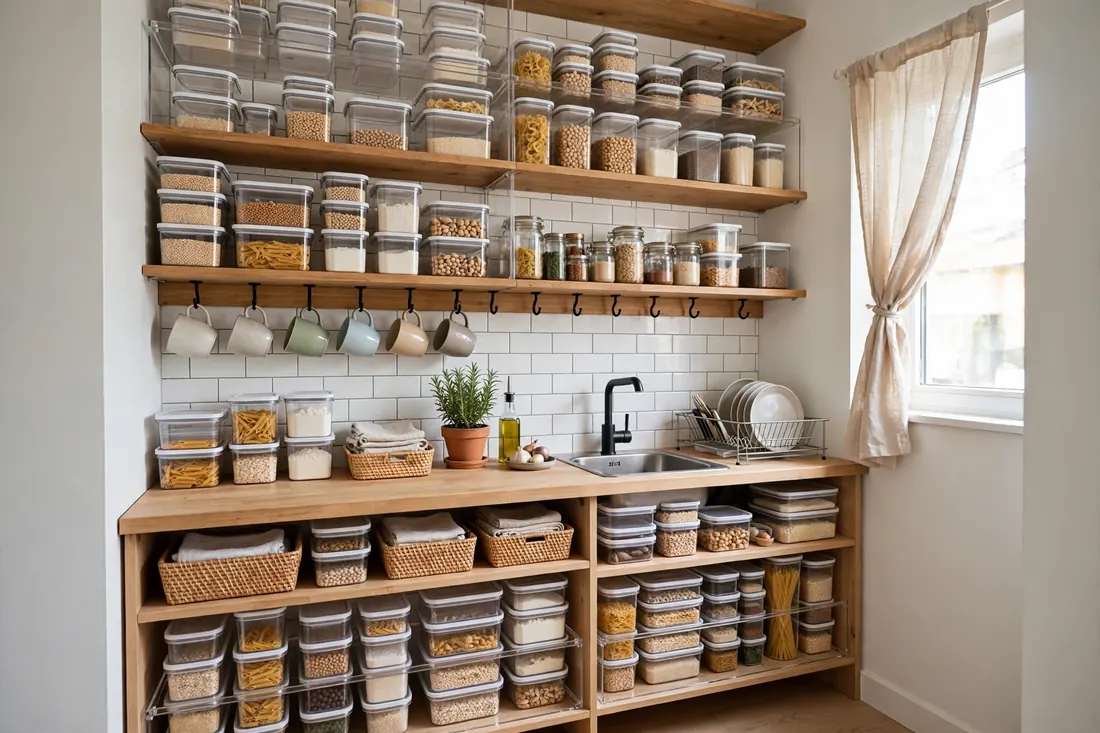 Small apartment kitchen cabinet organization ideas: risers, hooks and bins to maximize space