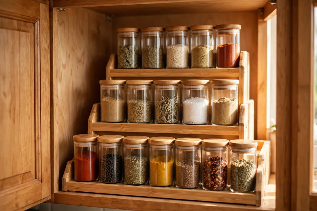 Three-tier stepped spice rack with glass jars inside a kitchen cabinet