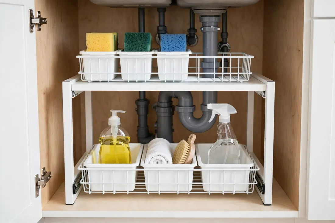 Two-tier pull-out organizer fitted around drain pipes under a kitchen sink