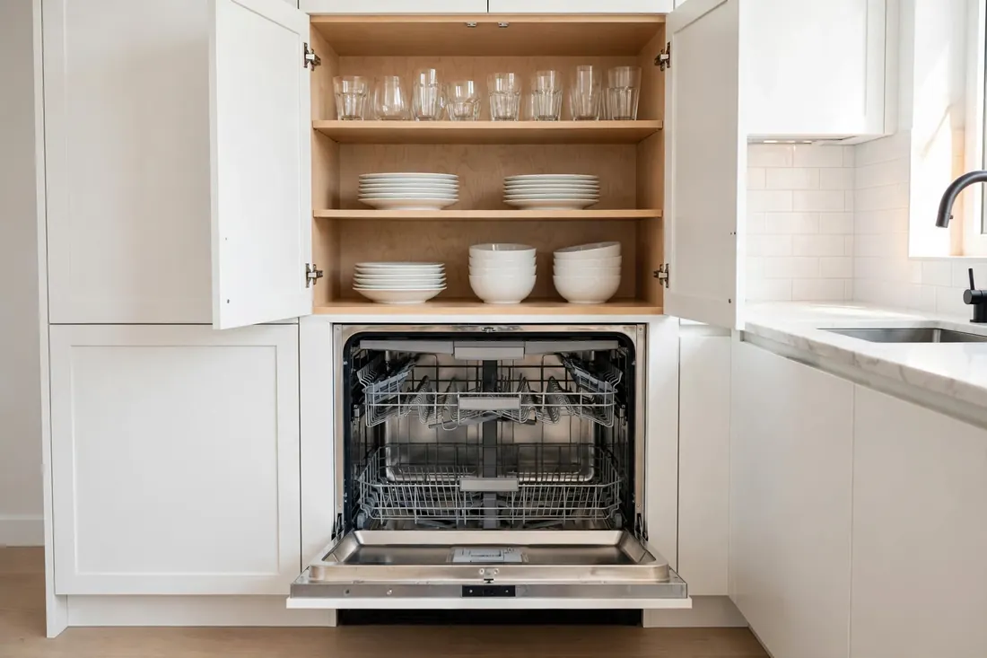 Open cabinet above a dishwasher with clean plates and bowls ready to unload
