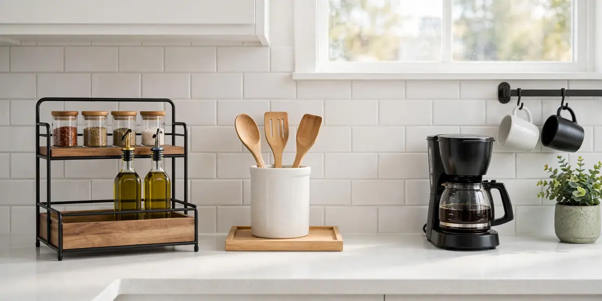 Organized kitchen counter with tiered organizer, utensil crock, and coffee station