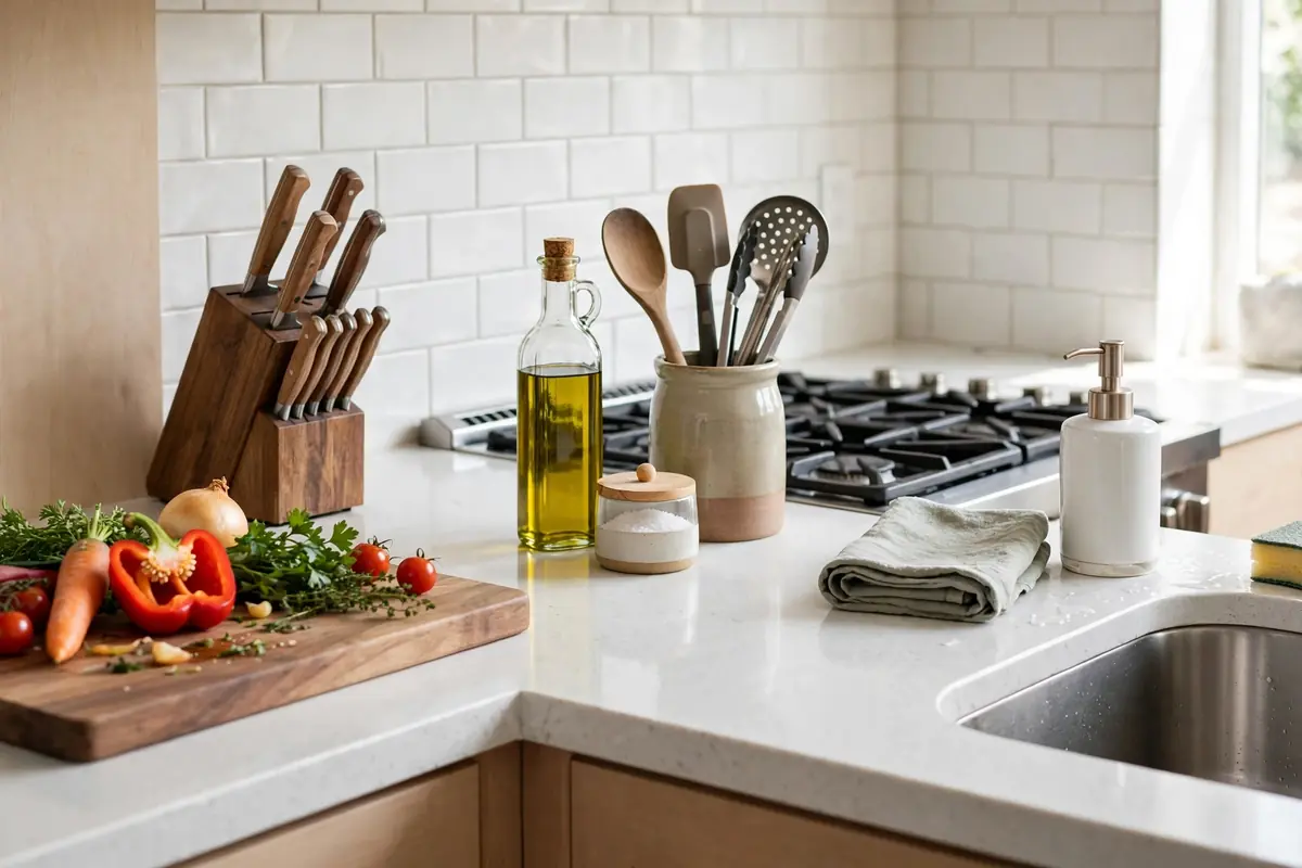 Kitchen counter divided into prep, cooking, and cleaning zones with organizers