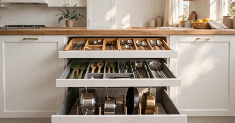 Kitchen drawer organization: open drawers with bamboo dividers holding neatly organized utensils and cookware