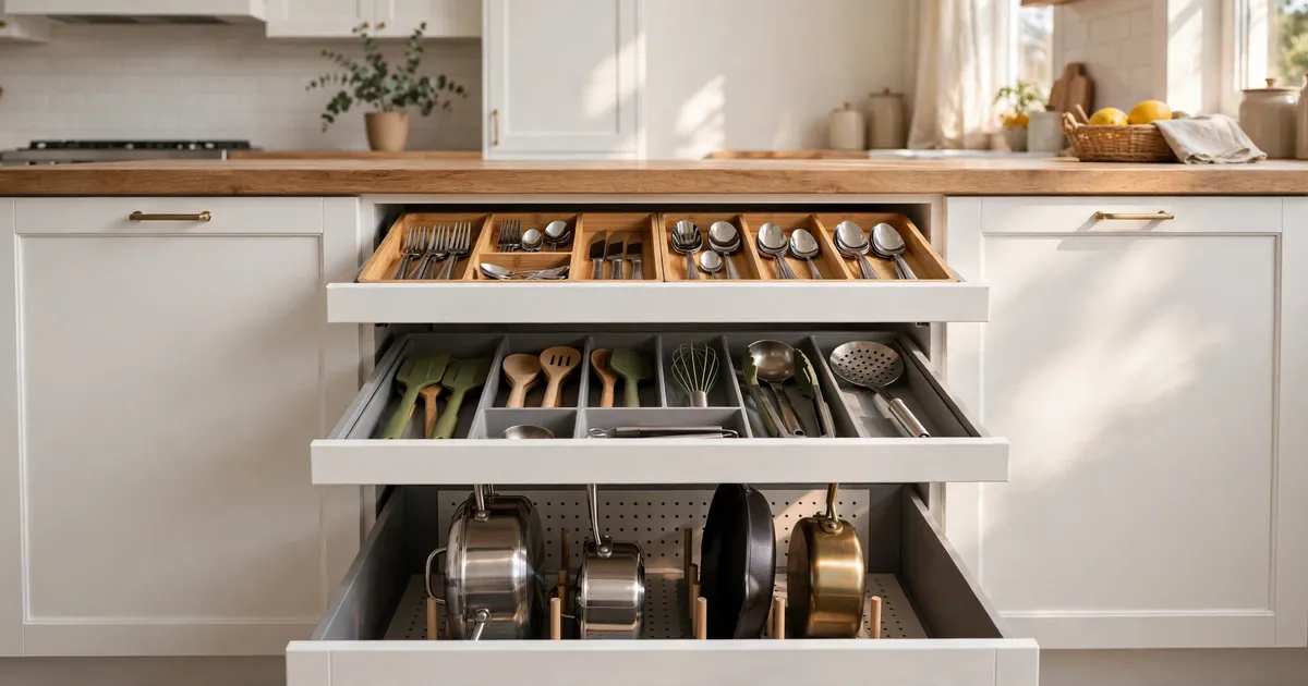 Kitchen drawer organization: open drawers with bamboo dividers holding neatly organized utensils and cookware