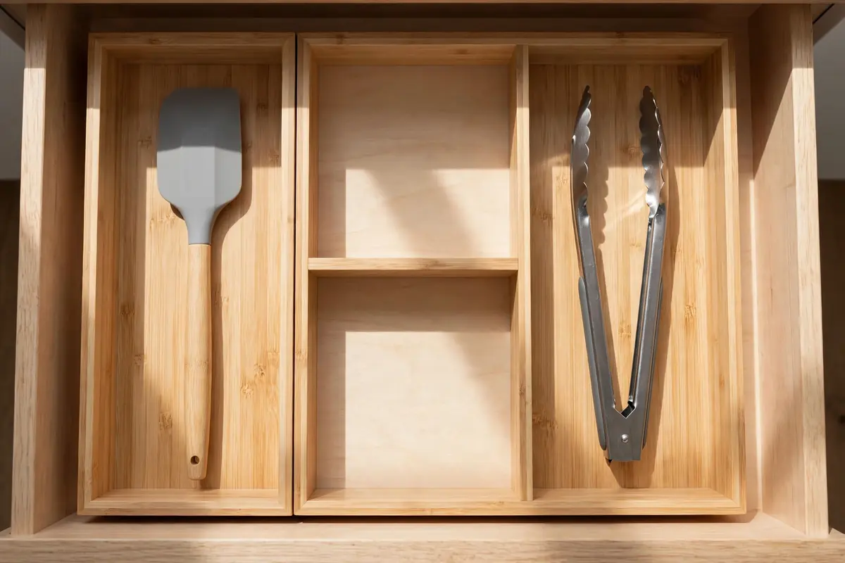 Kitchen utensil drawer with dividers holding only the tools used weekly