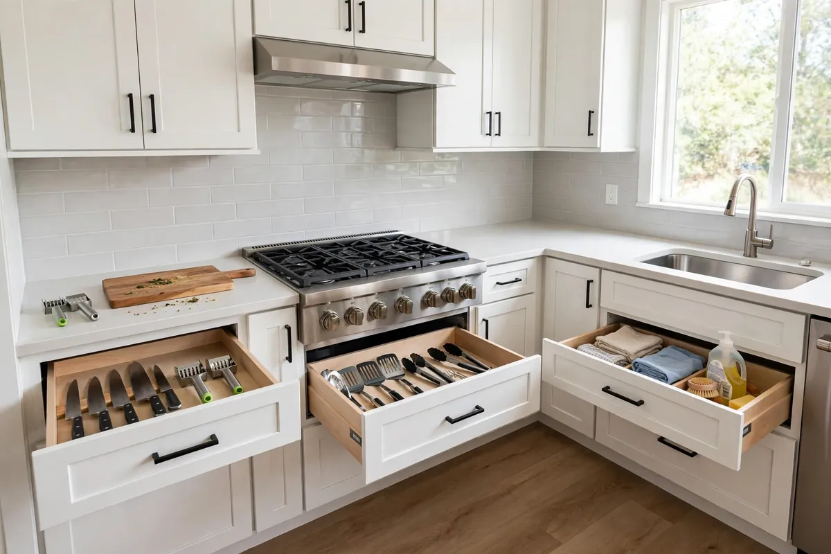 Three open kitchen drawers showing prep tools near the cutting board, cooking utensils by the stove, and cleanup items near the sink