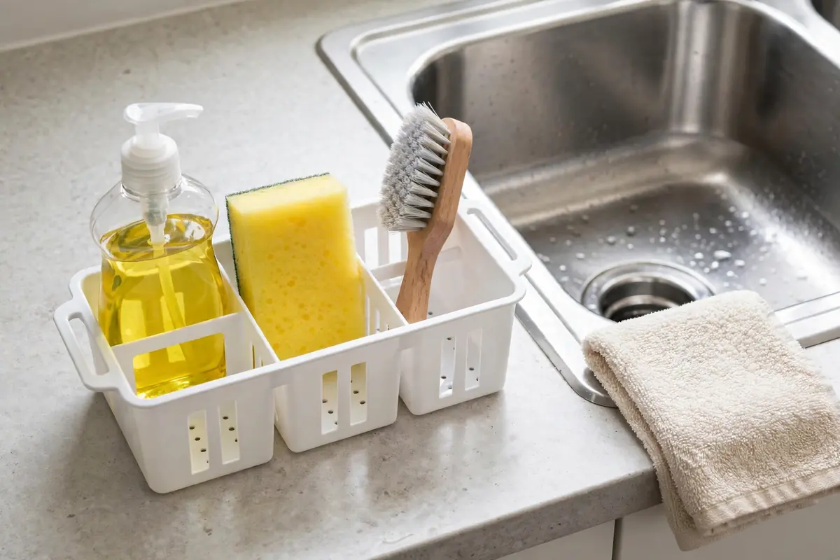 Kitchen sink cleaning station with soap dispenser, sponge caddy, and folded hand towel
