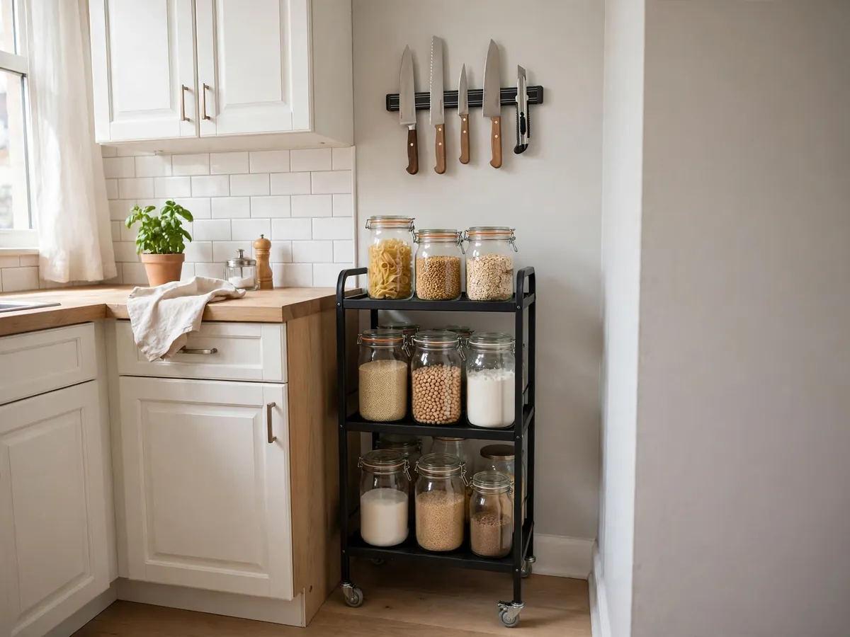 Slim rolling cart and magnetic knife strip in a studio kitchen zone