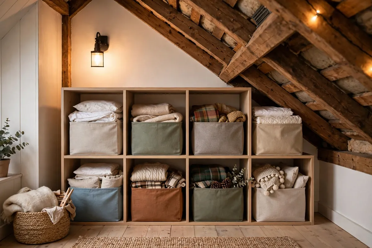 Low cube storage cubbies tucked under the sloped roof along an attic kneewall.